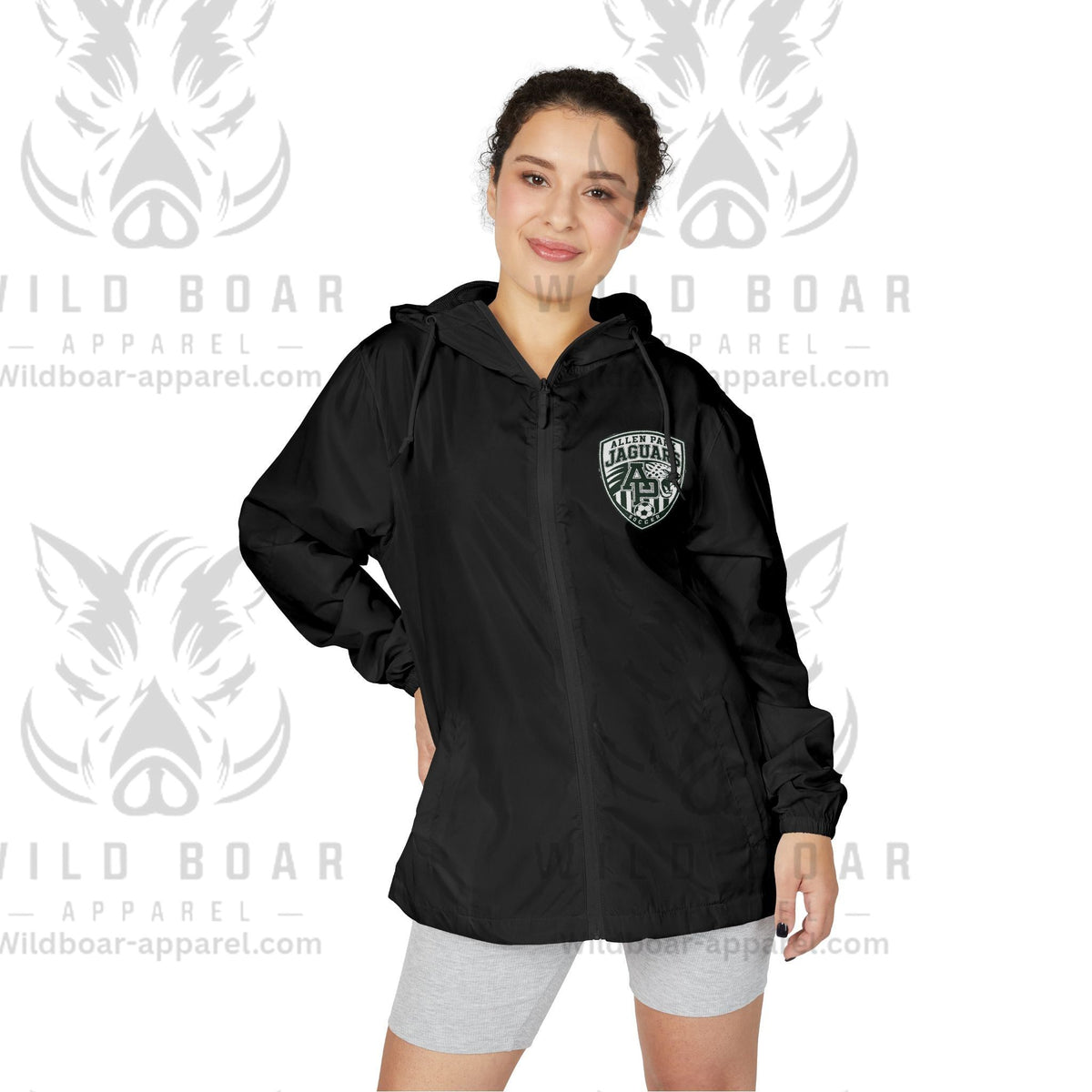 Windbreaker Jacket — Allen Park Soccer Crest Logo Windbreaker, Lightweight White Hooded Shell