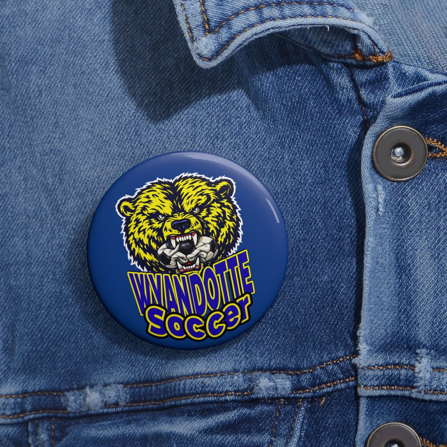 Wyandotte Soccer Bear Logo Pin Button — School Spirit Club Team Badge