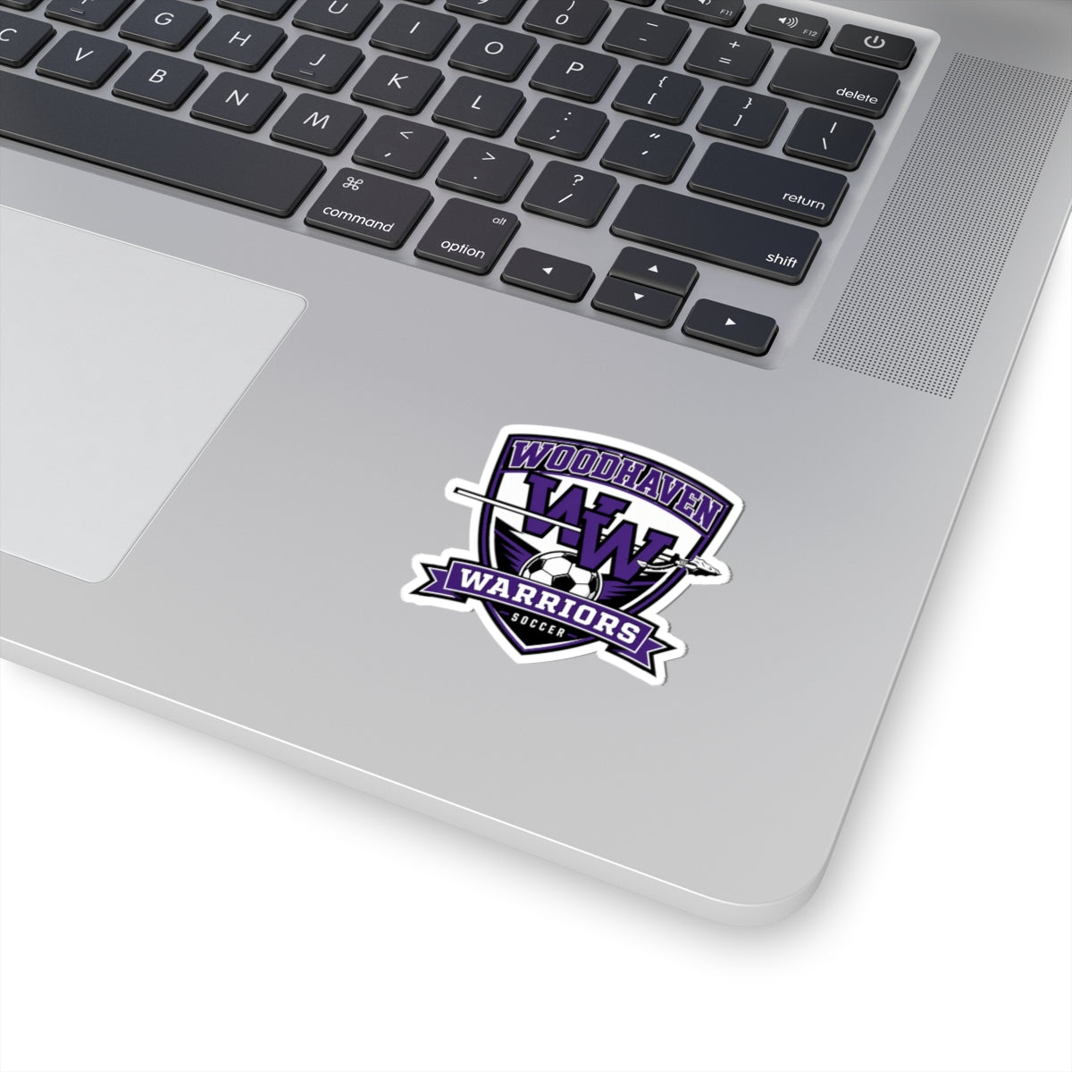 Woodhaven Warriors Soccer Sticker — Purple Shield Kiss-Cut Decal