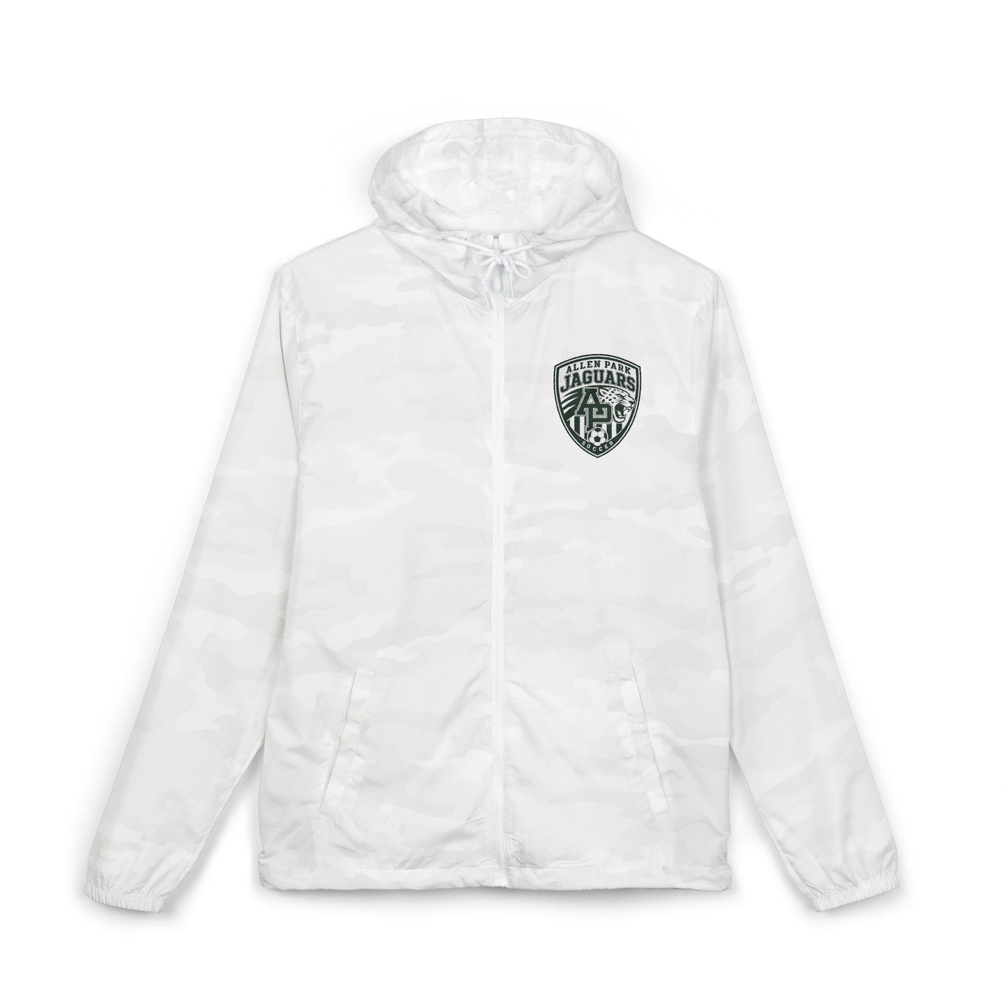 Windbreaker Jacket — Allen Park Soccer Crest Logo Windbreaker, Lightweight White Hooded Shell