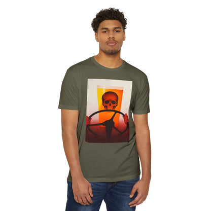 Skull Behind the Wheel T‑Shirt — Retro Sunset Driver Graphic Tee