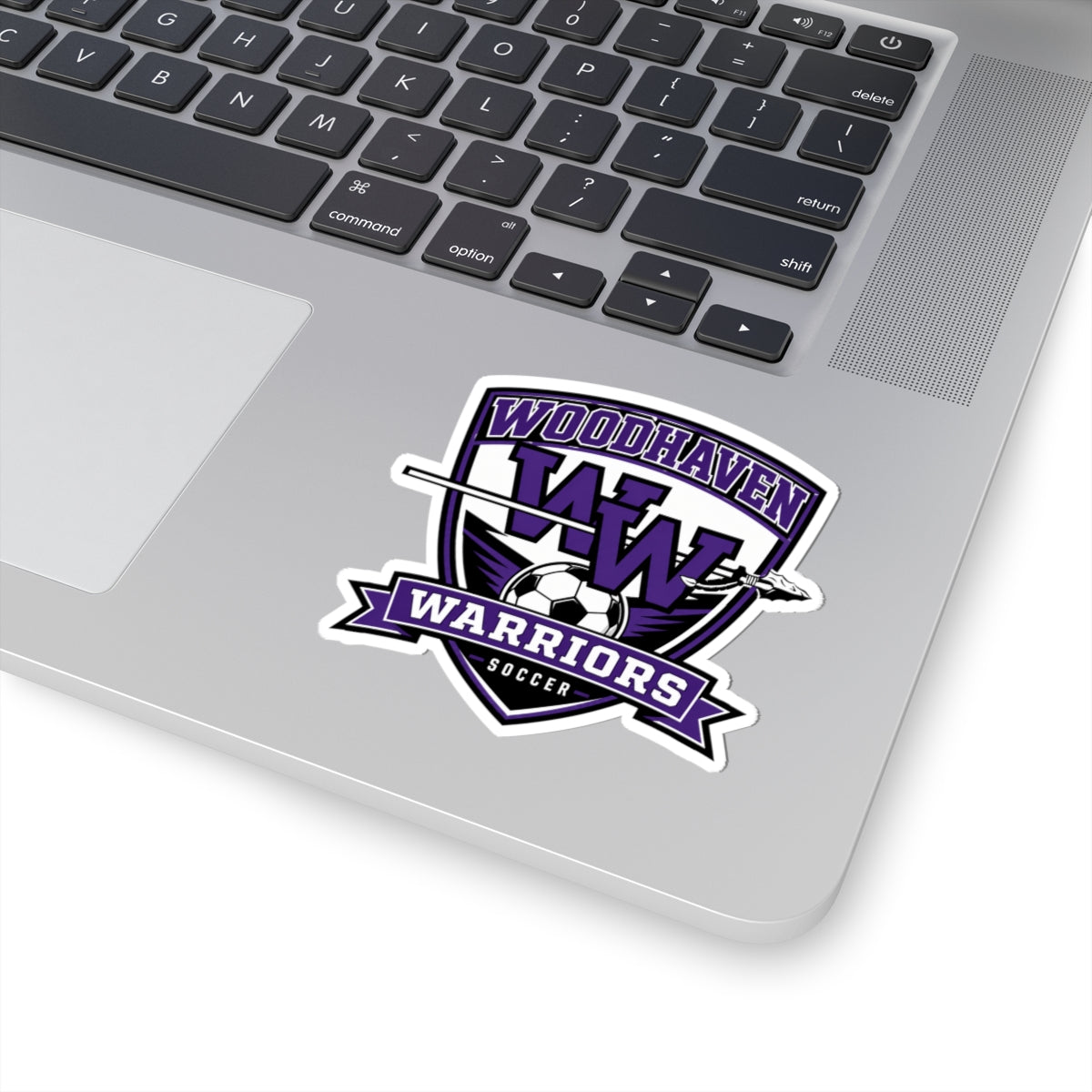 Woodhaven Warriors Soccer Sticker — Purple Shield Kiss-Cut Decal