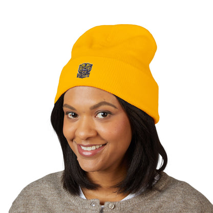 Yellow Cuffed Beanie with Embroidered Floral Skull — Cozy Streetwear Knit Hat