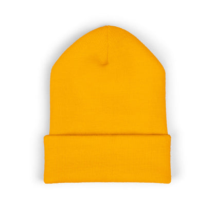 Yellow Cuffed Beanie with Embroidered Floral Skull — Cozy Streetwear Knit Hat
