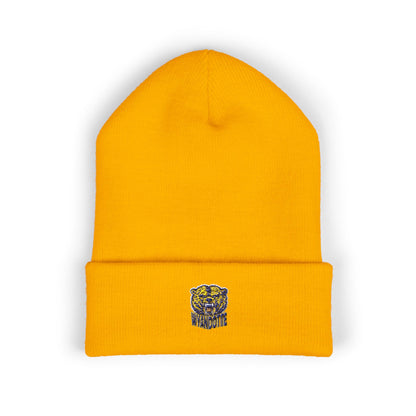 Yellow Cuffed Beanie with Embroidered Floral Skull — Cozy Streetwear Knit Hat