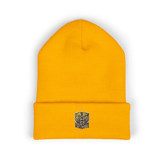 Yellow Cuffed Beanie with Embroidered Floral Skull — Cozy Streetwear Knit Hat