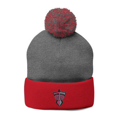 Embroidered Pom-Pom Knit Cap — Grey & Red Winter Beanie