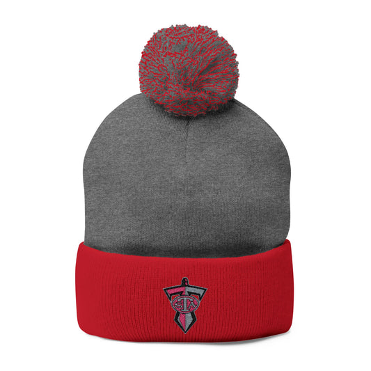Embroidered Pom-Pom Knit Cap — Grey & Red Winter Beanie