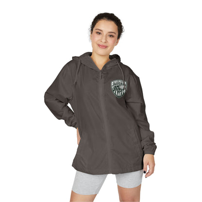 Windbreaker Jacket — Allen Park Soccer Crest Logo Windbreaker, Lightweight White Hooded Shell