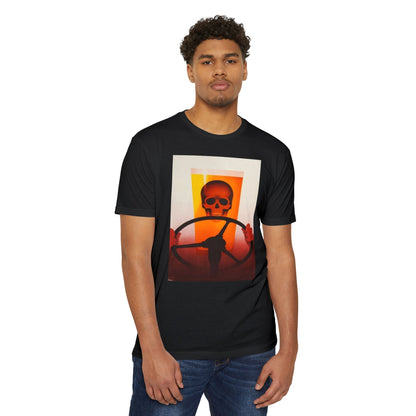 Skull Behind the Wheel T‑Shirt — Retro Sunset Driver Graphic Tee