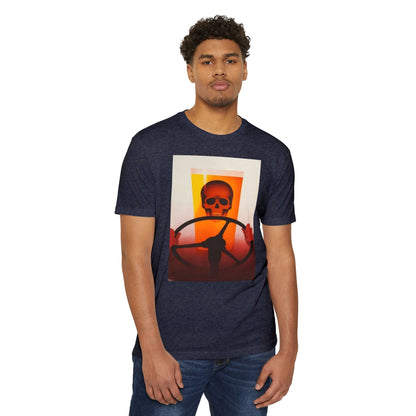 Skull Behind the Wheel T‑Shirt — Retro Sunset Driver Graphic Tee