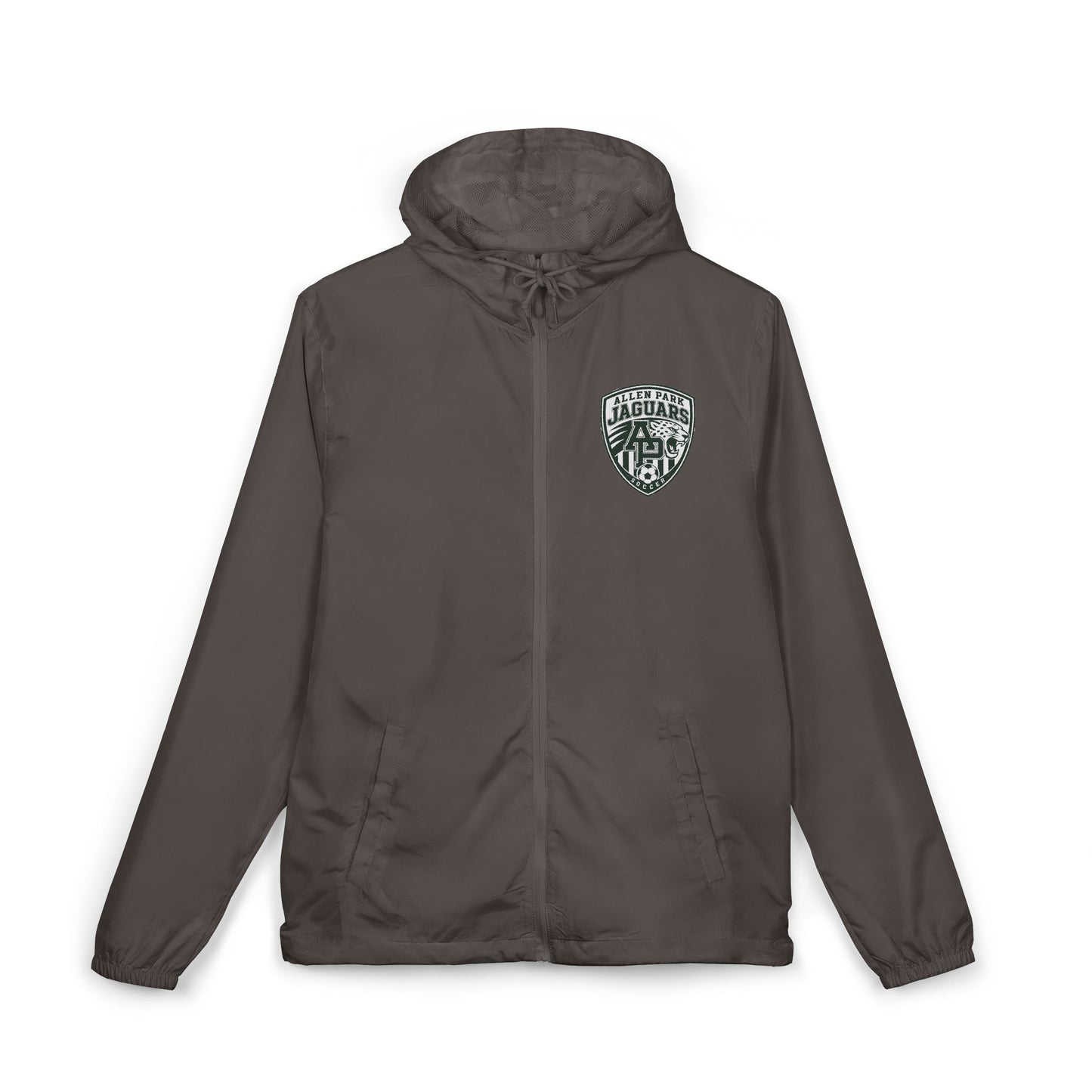 Windbreaker Jacket — Allen Park Soccer Crest Logo Windbreaker, Lightweight White Hooded Shell