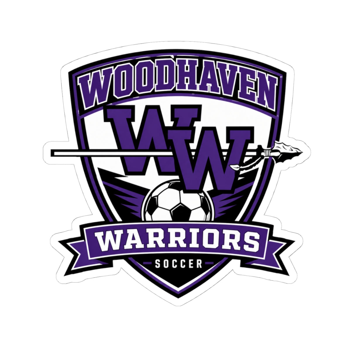 Woodhaven Warriors Soccer Sticker — Purple Shield Kiss-Cut Decal