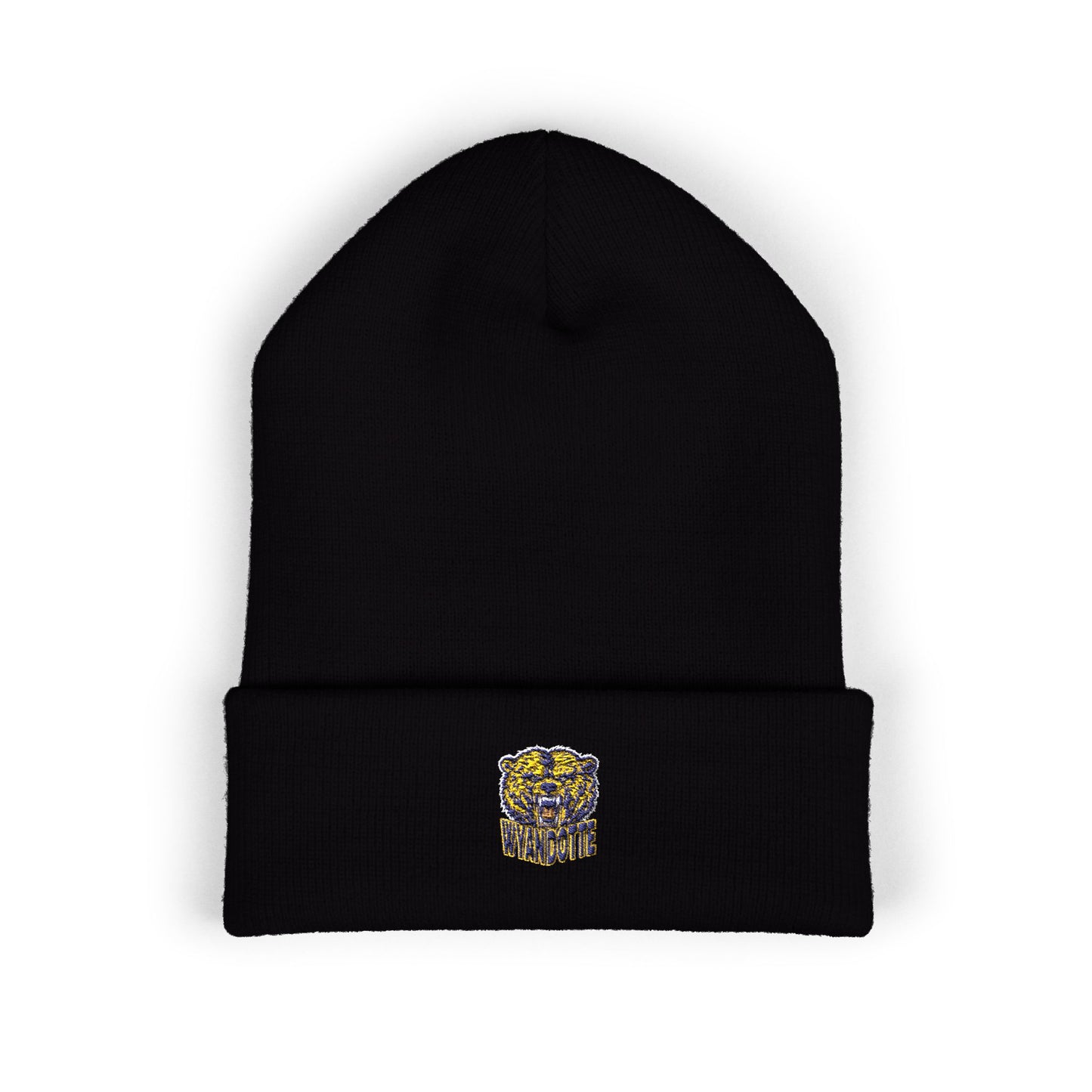 Yellow Cuffed Beanie with Embroidered Floral Skull — Cozy Streetwear Knit Hat