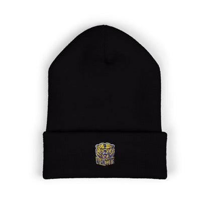 Yellow Cuffed Beanie with Embroidered Floral Skull — Cozy Streetwear Knit Hat