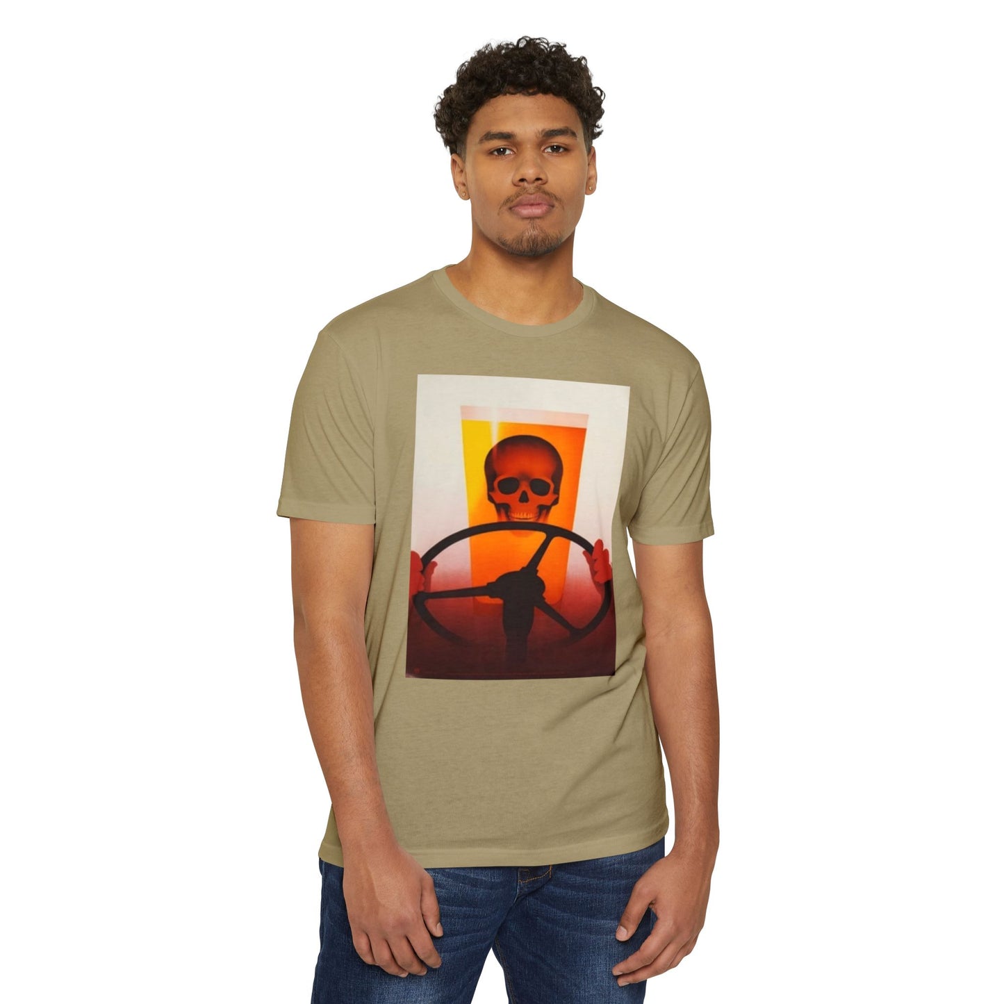 Skull Behind the Wheel T‑Shirt — Retro Sunset Driver Graphic Tee