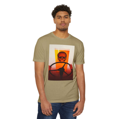 Skull Behind the Wheel T‑Shirt — Retro Sunset Driver Graphic Tee