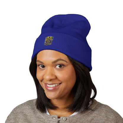 Yellow Cuffed Beanie with Embroidered Floral Skull — Cozy Streetwear Knit Hat