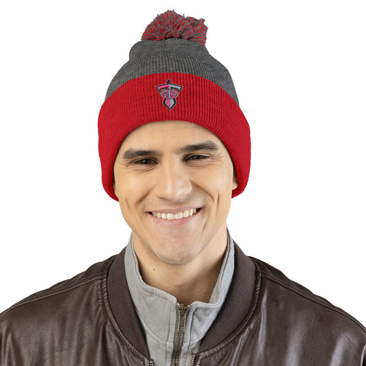 Embroidered Pom-Pom Knit Cap — Grey & Red Winter Beanie