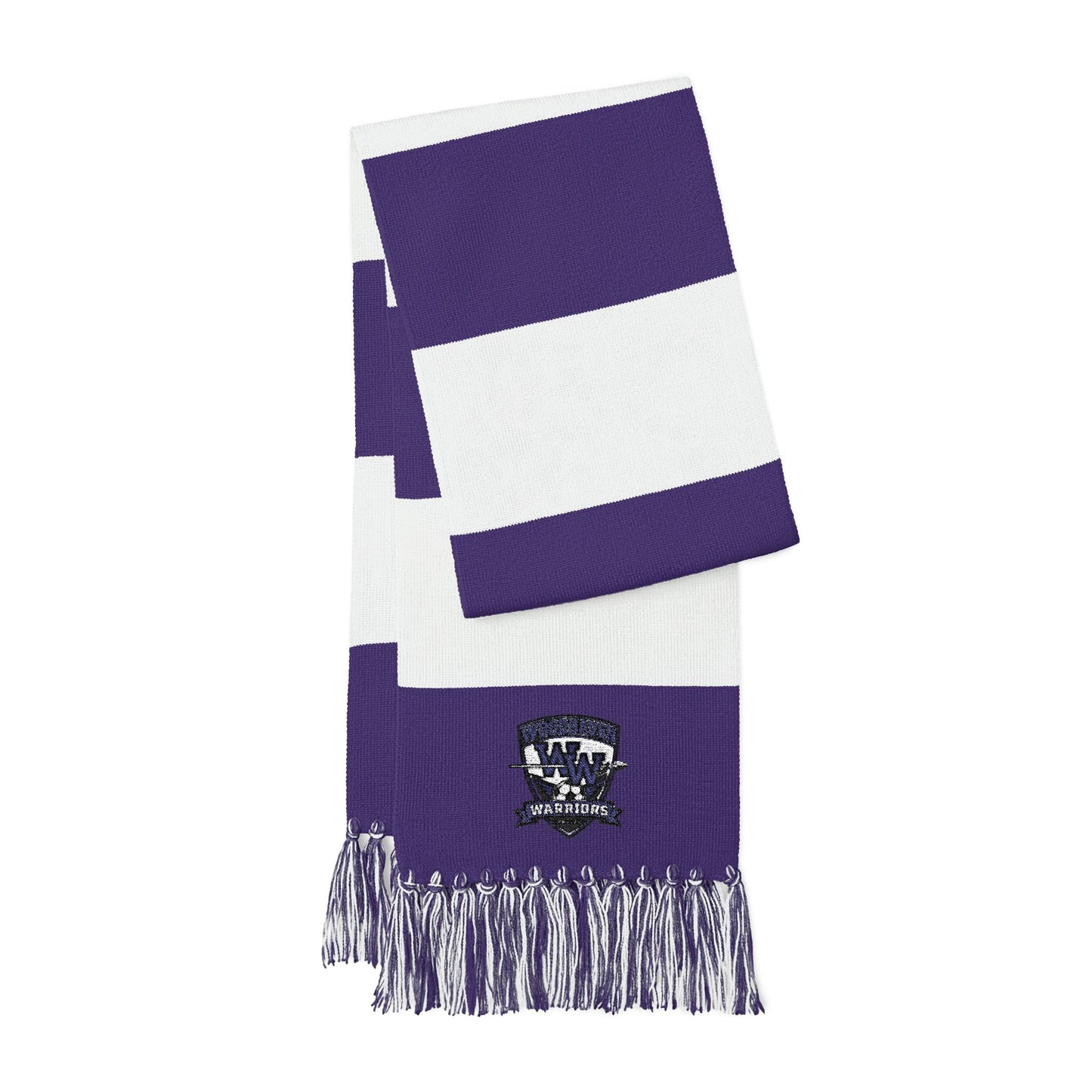 Embroidered Team Stripe Spectator Scarf — Purple & White Fan Scarf with Crest