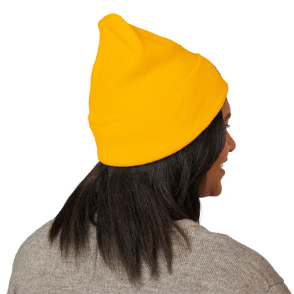 Yellow Cuffed Beanie with Embroidered Floral Skull — Cozy Streetwear Knit Hat