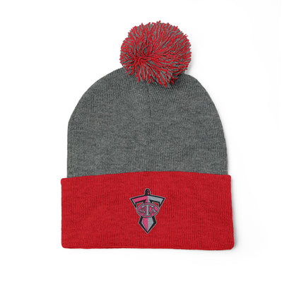Embroidered Pom-Pom Knit Cap — Grey & Red Winter Beanie