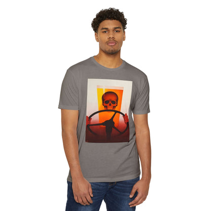 Skull Behind the Wheel T‑Shirt — Retro Sunset Driver Graphic Tee