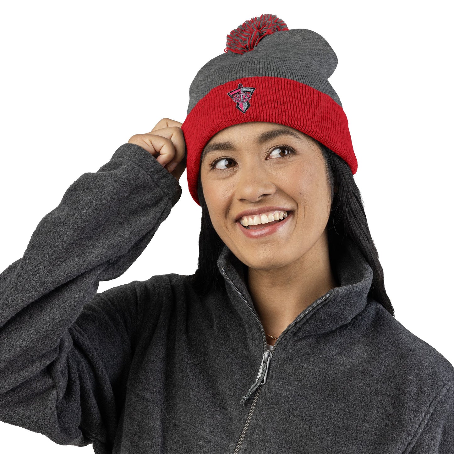 Embroidered Pom-Pom Knit Cap — Grey & Red Winter Beanie