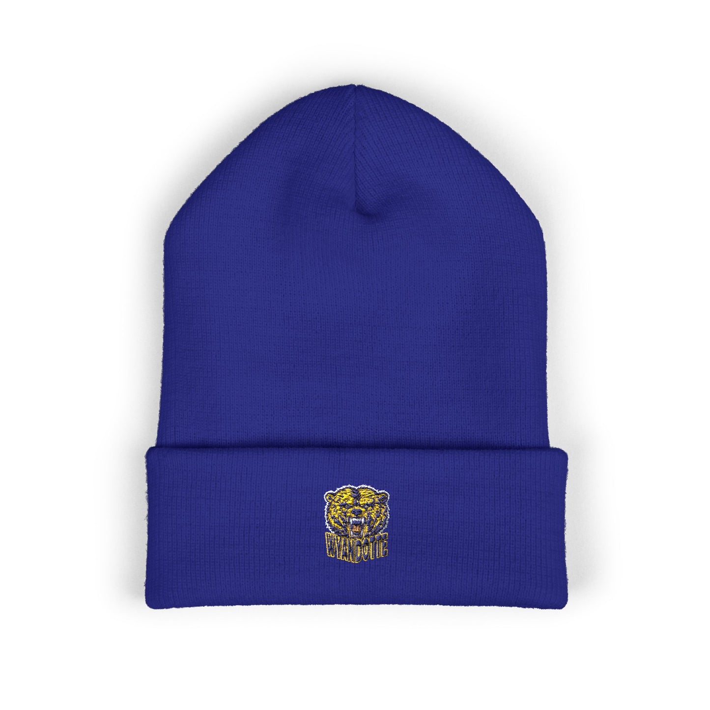 Yellow Cuffed Beanie with Embroidered Floral Skull — Cozy Streetwear Knit Hat