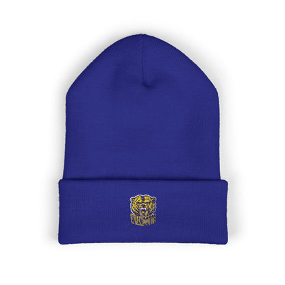 Yellow Cuffed Beanie with Embroidered Floral Skull — Cozy Streetwear Knit Hat